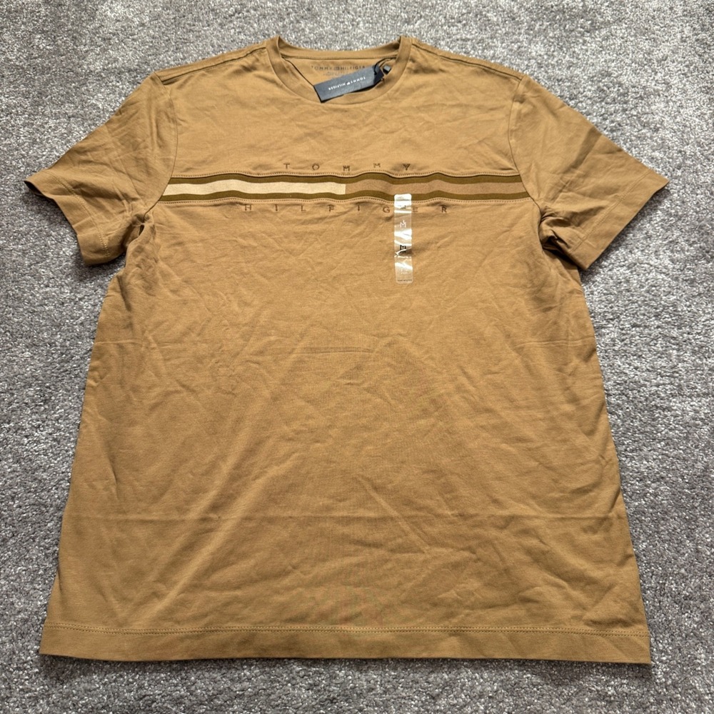 Tommy Hilfiger Shirt Mens M Brown Cotton Chest Stripe Logo Preppy Streewear Tee